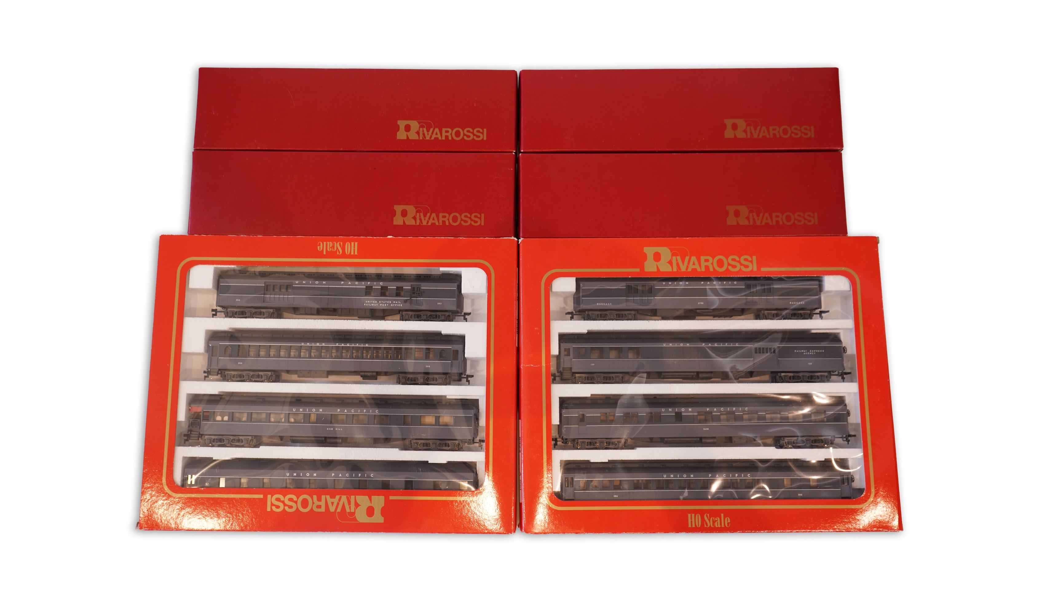 Two boxed Rivarossi 1920s Union Pacific coach packs; A Set (6922) and B Set (6923), both containing four coaches, together with four additional individually boxed coaches; (2641, 2x 2642, and 2643)